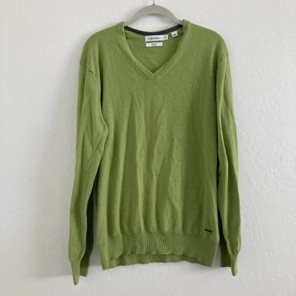 Calvin Klein Merino Wool Blend Knit Sweater V Neck Green Long Sleeve Spring XL - Picture 1 of 12